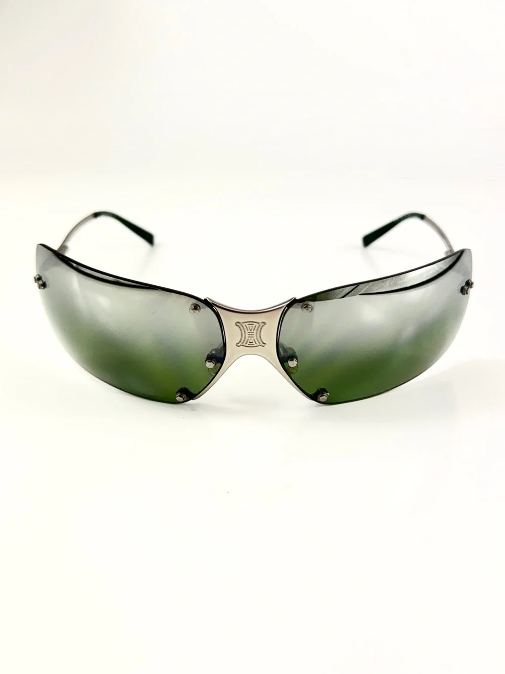 Vtg Celine SC1033 Triomphe Shield Wrap Sunglasses Green Lens Full VFC Set Y2K